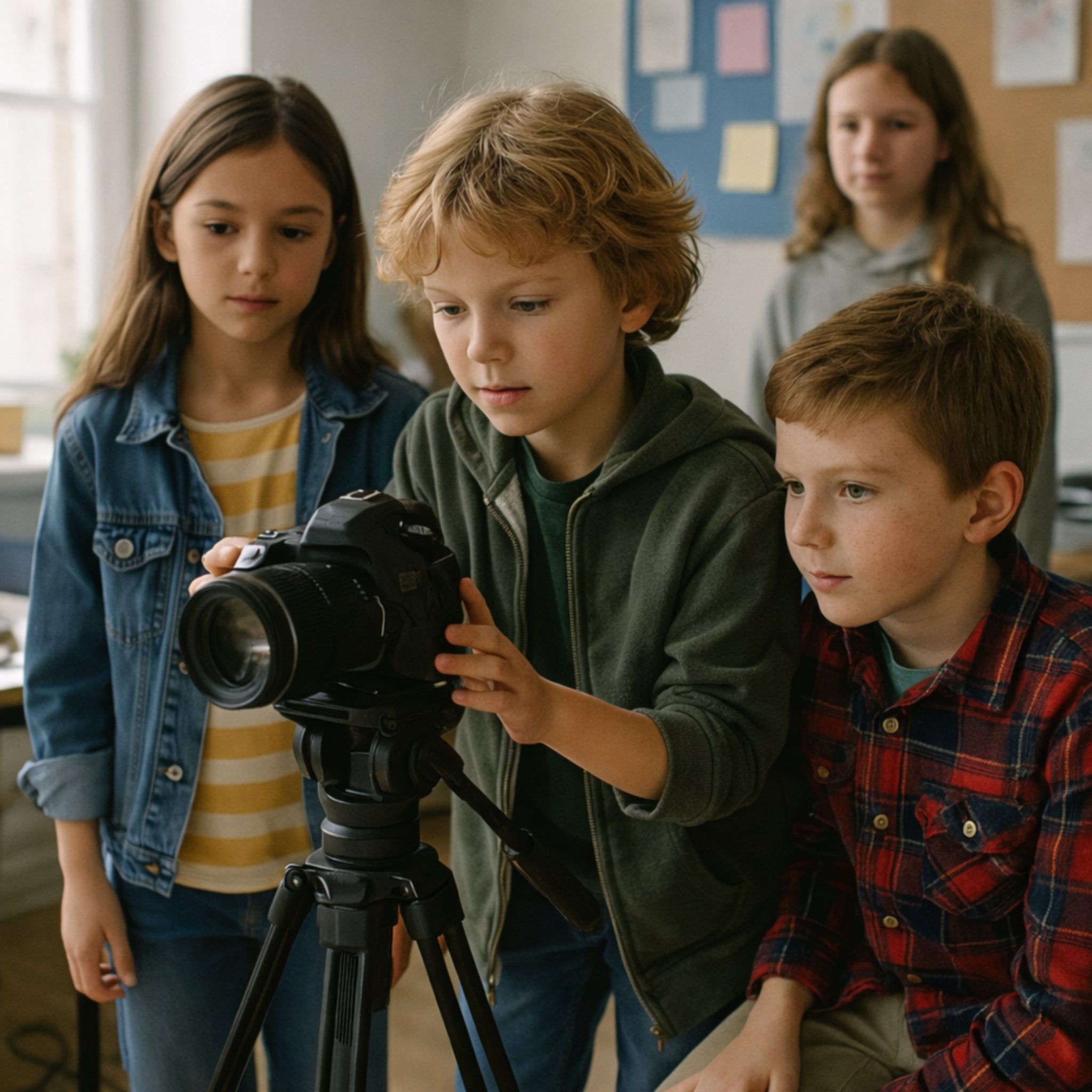 Kinder filmen mit Kamera am Stativ